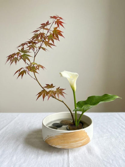 White Porcelain Ikebana Vessel with Metallic Brushstroke
