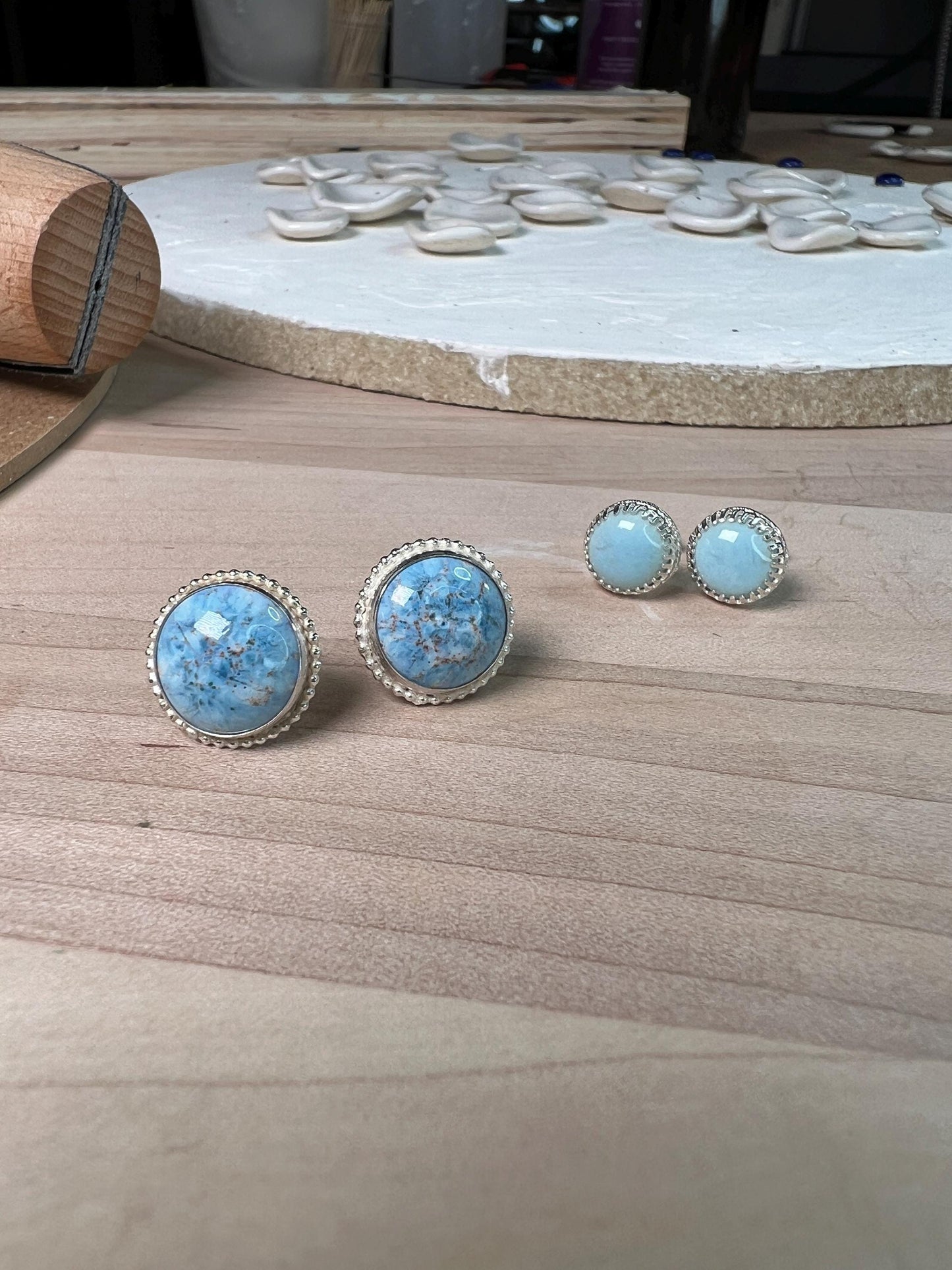Bezel-Set Blue Porcelain Stud Earrings