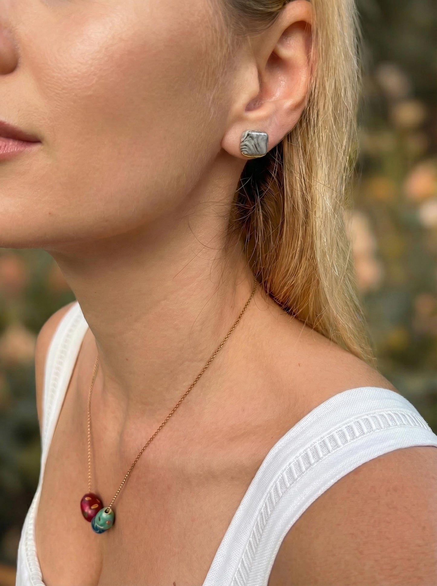 Gold-Accented Marbled Ceramic Stud Earrings